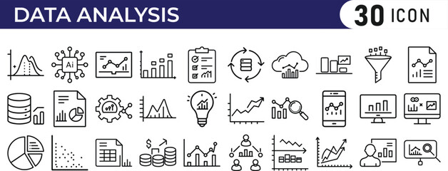 Data Analysis icon set. Editable stroke. Pixel Perfect. Set contains such icons as Data, Infographic, Big Data, Cloud Computing, Machine Learning, Security System.
