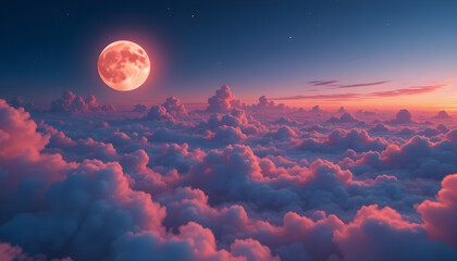 Magical Full Moon Rising Over a Sea of Pink and Blue Clouds at Twilight with a Dreamy Sky and Starry Atmosphere