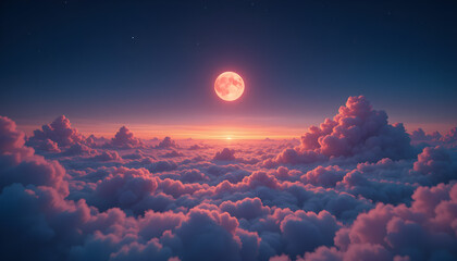 Magical Full Moon Rising Over a Sea of Pink and Blue Clouds at Twilight with a Dreamy Sky and Starry Atmosphere