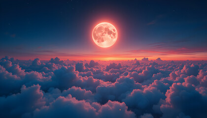 Magical Full Moon Rising Over a Sea of Pink and Blue Clouds at Twilight with a Dreamy Sky and Starry Atmosphere