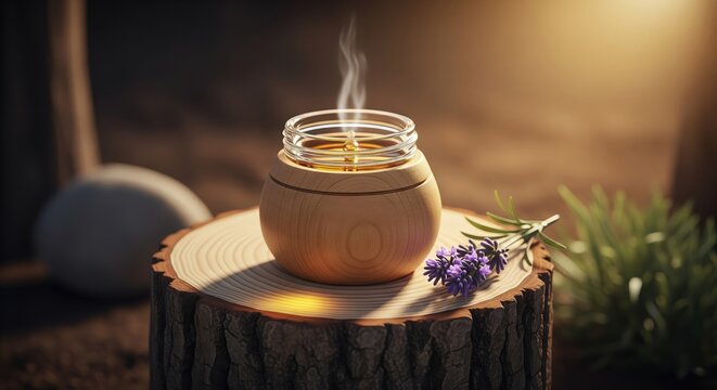 Aromatic candle with wooden holder and lavender on tree stump
