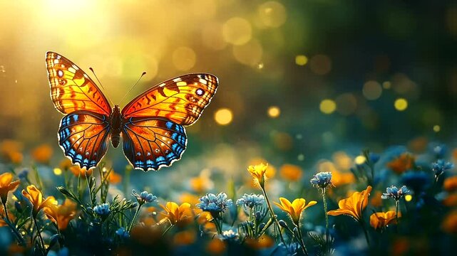 Butterfly flitting gracefully through a sun-drenched meadow of vibrant flowers nature beauty