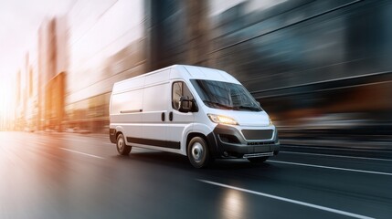 Small Bus. White Delivery Van Speeding on Motorway to Urban City Suburb