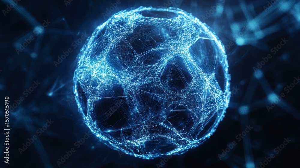 Poster Glowing blue sphere with interconnected nodes, representing global network or digital connection.