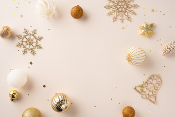 Gold and white Christmas ornaments, including snowflakes, stars, and bells, arranged creatively on a beige backdrop, conveying a luxurious and festive holiday atmosphere