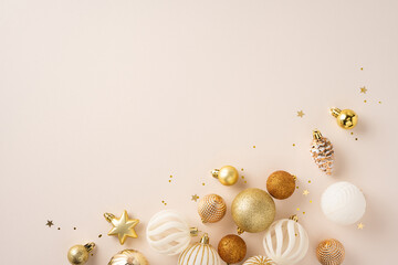 Festive ornaments in gold and white scattered on a neutral background with stars and sparkles