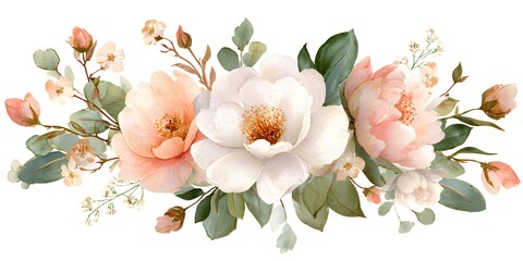 Fototapeta premium Watercolor floral bouquet, blush pink roses arrangement with sage green leaves on a white background,