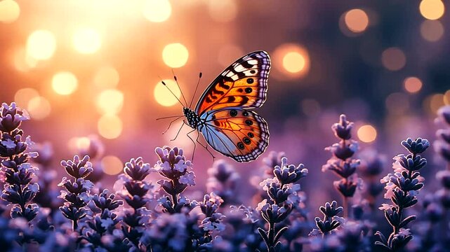 Butterfly gracefully flitting among lavender flowers on a radiant bokeh background