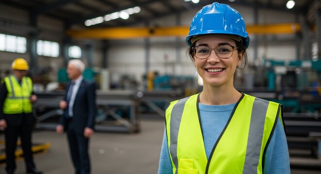 Portrait of a Smiling Female Engineer in a Factory Setting Wearing a Safety Helmet and Vest