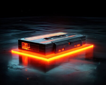 Retro cassette tape, neon glow