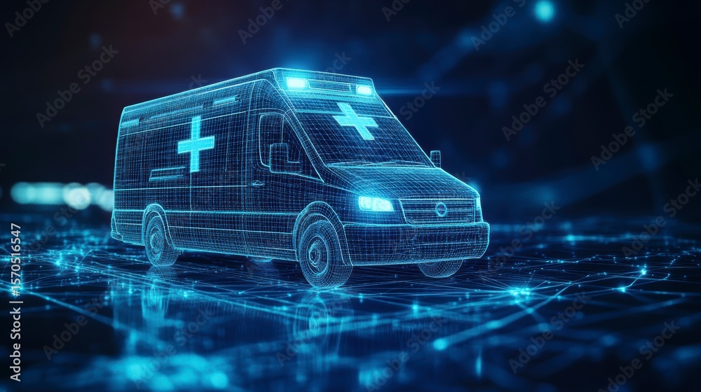 Poster futuristic digital ambulance with glowing lines and cross symbol on dark background.