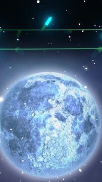 Blue christmas string lights flashing over falling snow and full moon in night sky