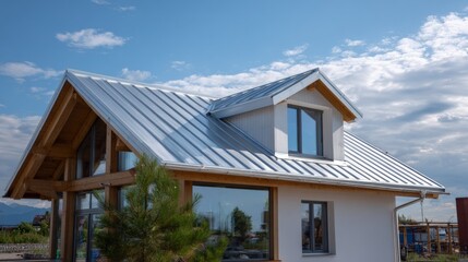 Modern architecture with zinc or steel roof from side angle.