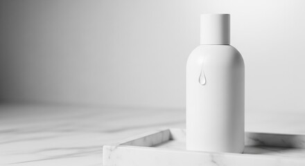 Minimalist white cosmetic bottle with water drop on marble tray