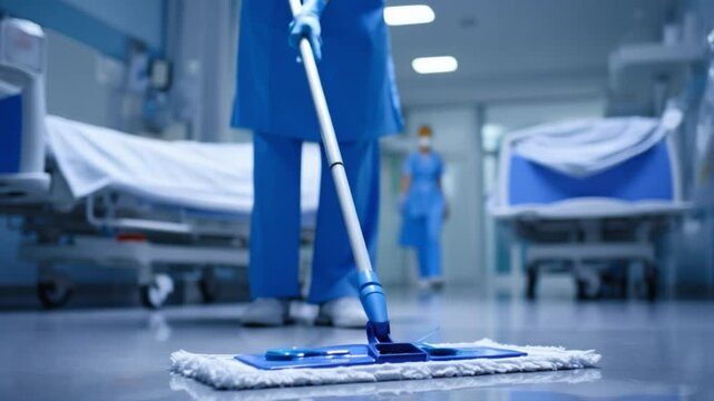Hospital Cleanliness: A dedicated healthcare worker meticulously mops the spotless floor, ensuring a pristine environment for patient care.