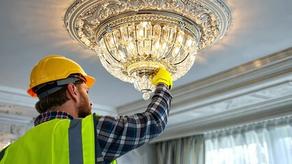 Maintenance Man with Chandelier: A skilled electrician wearing safety gear meticulously inspects and tends to a large, ornate crystal chandelier hanging in a room. - Powered by Adobe
