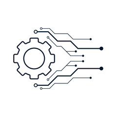 Gear, wires, microcircuit. Concept of implementation of computer, electronic technologies. Vector linear icon isolated on white background.