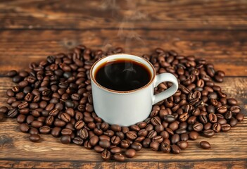 Fototapeta premium Steaming coffee cup nestled amongst roasted coffee beans on a rustic wooden table, autumn, food
