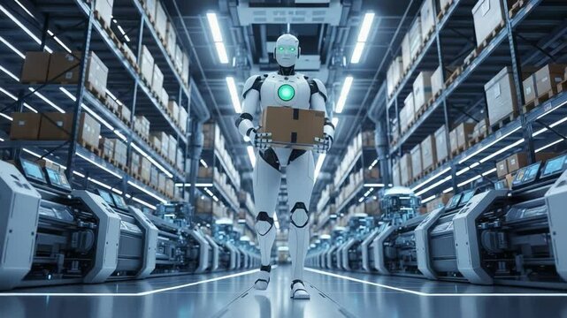 Robot Operates in Modern Warehouse Environment Handling Packages Efficiently