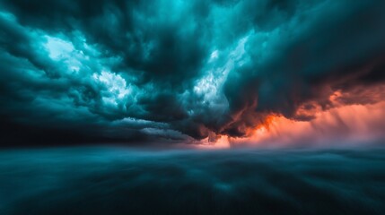 Naklejka premium Dramatic storm clouds with turquoise hues and fiery sunset, creating awe-inspiring atmosphere