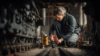 Railway Mechanic at Work: A focused female mechanic meticulously works on intricate railway machinery within a dimly lit train depot. The scene evokes a sense of dedication, expertise.