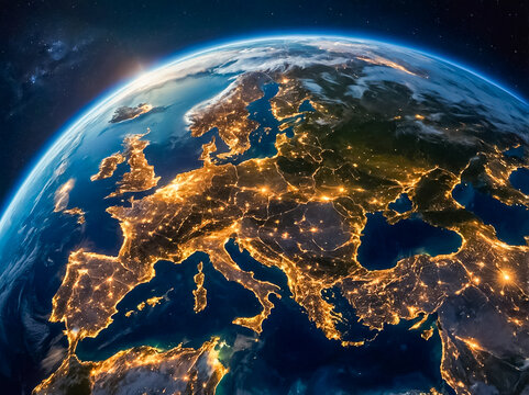 Aerial top down view of europe cities light on planet earth in the night from space. Generated AI.