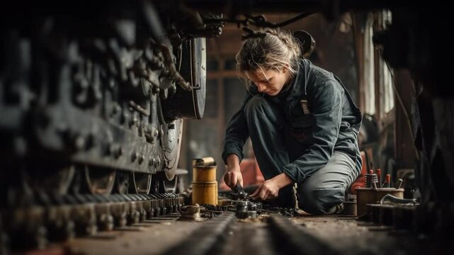 Railway Mechanic at Work: A focused female mechanic meticulously works on intricate railway machinery within a dimly lit train depot. The scene evokes a sense of dedication, expertise.