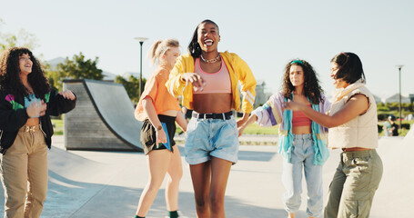 Portrait, woman and dancing crew in city with music, hip hop culture and freestyle choreography....