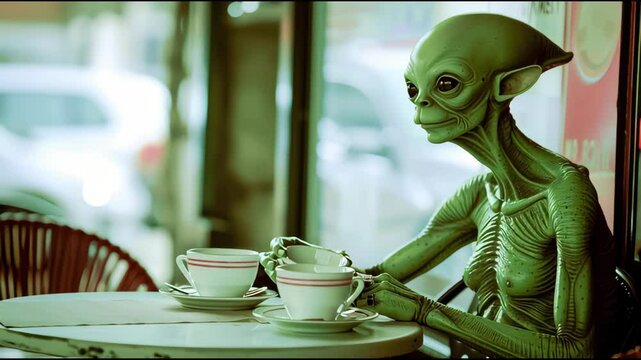 Surreal depiction of a green-skinned alien casually sipping coffee in a bustling caf&Atilde;&copy;, blending into human society with ease