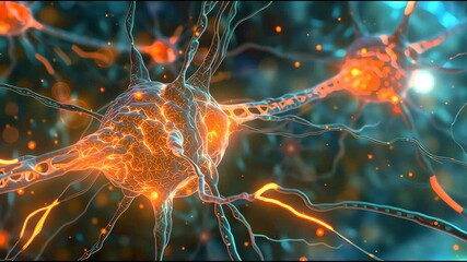 Dynamic digital illustration of human nervous system with glowing neurons firing electrical impulses and transmitting signals along brain and spinal cord for advanced educational visualization - Powered by Adobe