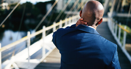 Neck pain, tired and back of business man in city for overworked, injury and property loss. Real...