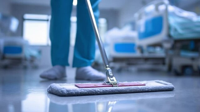 Hospital Cleaning: A healthcare worker diligently mops the gleaming floor of a hospital ward, maintaining a sterile and safe environment for patients and staff.