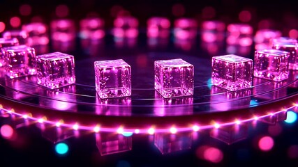 Captivating 3D animation of glowing cubes on a circular platform with vibrant pink lights - Powered by Adobe