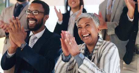 Business woman, applause and crowd with smile at legal conference, excited and announcement at...