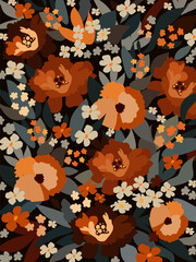 Floral canvas with leaves in brown tones on a black background. Vector.