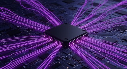 Futuristic Computer Chip with Glowing Purple Data Streams on Motherboard, High-Tech Circuit Board, Digital Technology Concept, 3D Rendering