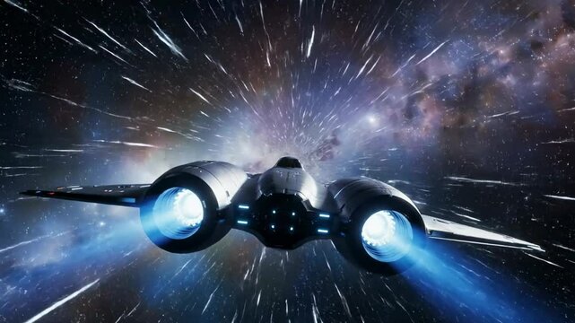 Spaceship blasting through a light tunnel Rear view of the craft with glowing engines visible