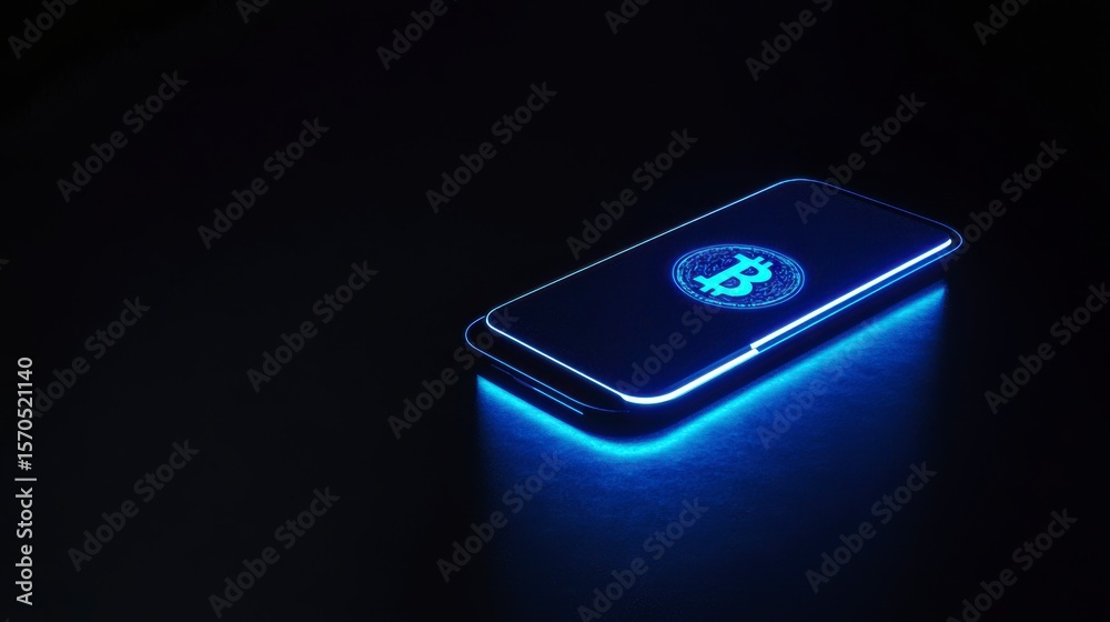 Poster Glowing smartphone displaying Bitcoin symbol on dark background.