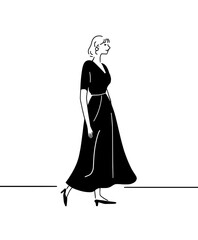 Poised female character standing gracefully. Modern and clean black and white vector art, isolated on a white background.