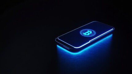 Glowing smartphone displaying Bitcoin symbol on dark background.