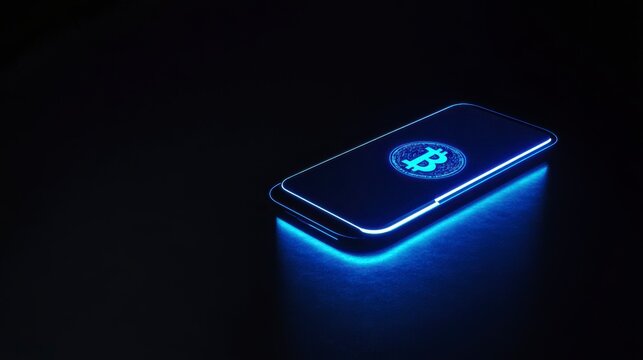 Glowing smartphone displaying Bitcoin symbol on dark background.