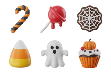 Obraz premium Six Halloween Themed 3D Rendered Icons Set Candy Corn Lollipop Ghost Spiderweb Cupcake Candy Cane Isolated on White Backgrounds Transparent PNG Cutout Clipping Path Social Media 2025