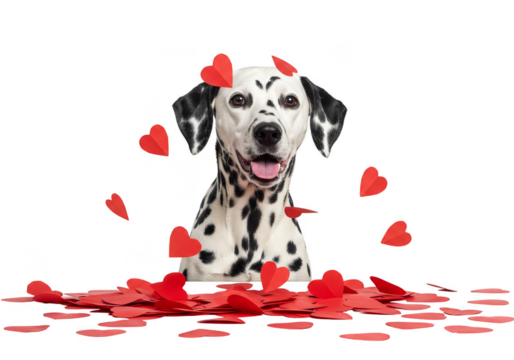 Isolated Portrait Dalmatian with Heart Confetti on Transparent Backdrop