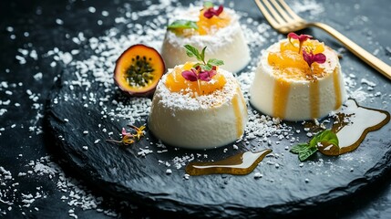 Close-up panna cotta desserts on a dark rock plate with gold cutlery with empty space for text, great for menu and hotel advertising