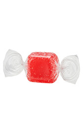 Isolated Red Candy Wrapped in Transparent Wrapper Sweet Confectionery