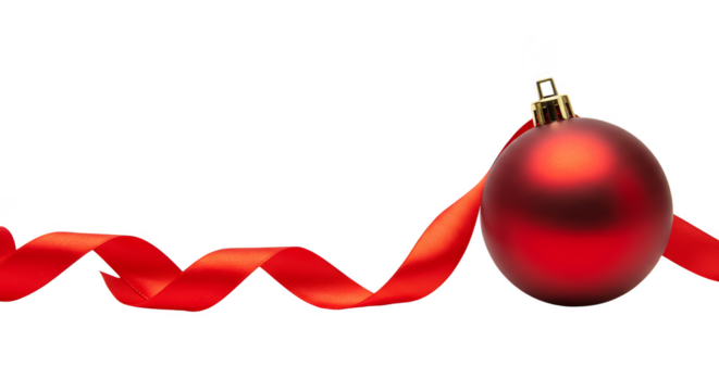 Isolated Red Christmas Ball Ornament on Ribbon Decoration PNG