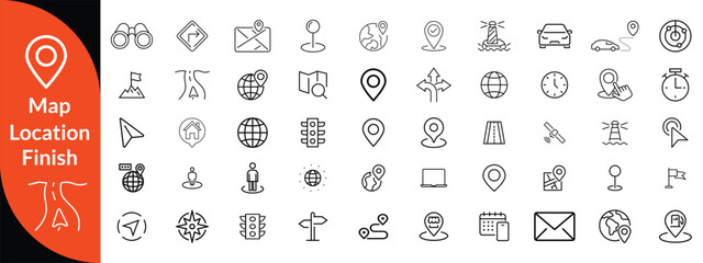 Maps, location and Navigation line editable icon set. Containing navigation, location, contains map with a pin, route map, navigator, direction and more. Vector illustration design