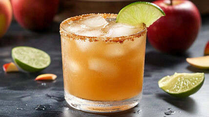 Fototapeta premium Zesty apple cider margarita with a lime wedge and spiced rim. Perfect for fall festivities and happy hour!