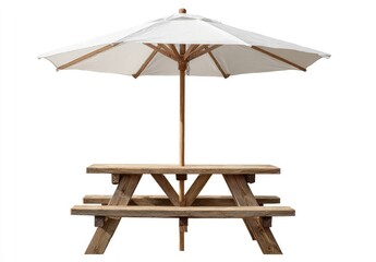 Wooden picnic table with white umbrella