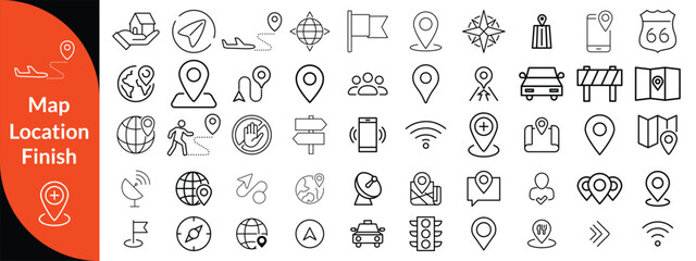 Maps, location and Navigation line editable icon set. Containing navigation, location, contains map with a pin, route map, navigator, direction and more. Vector illustration design